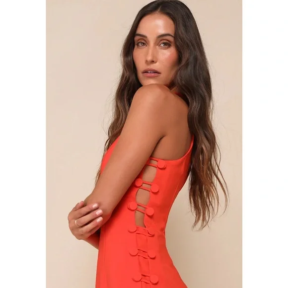 NWOT Lulu’s Masterfully Mod Bright Orange Side Button Midi Dress Medium 2426491 - Picture 5 of 11